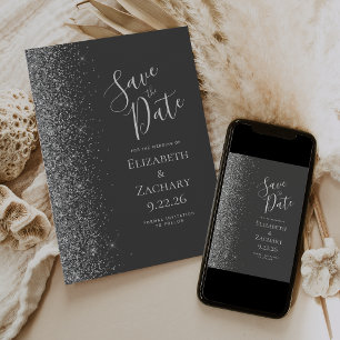 Silver Glitter Charcoal Grey Save the Date Announcement