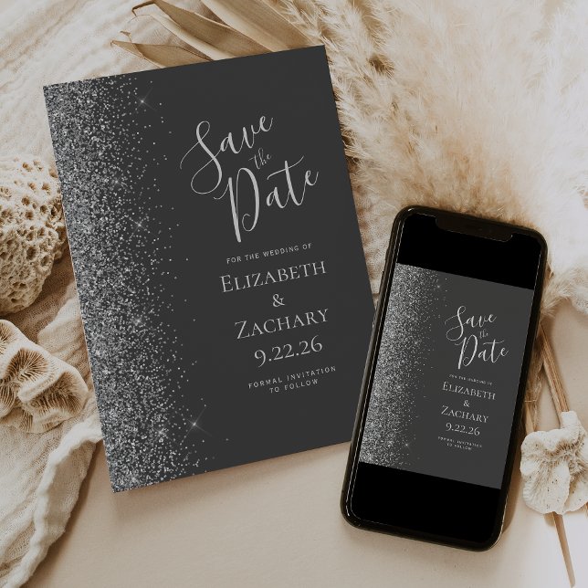Silver Glitter Charcoal Grey Save the Date Announcement (Creator Uploaded)