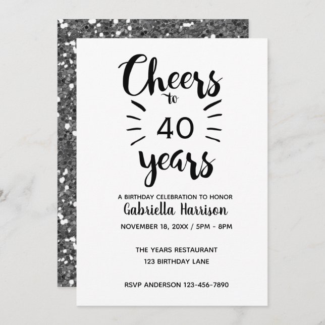 Silver Glitter Cheers to 40th Birthday Invitation (Front/Back)