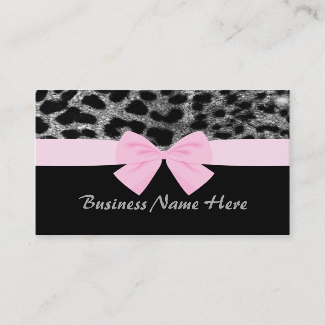 Silver Glitter Cheetah With Bow Business Card (Front)
