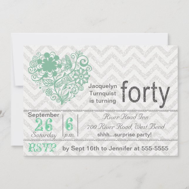 Silver Glitter Chevron Stripe 40th Birthday Invite (Front)