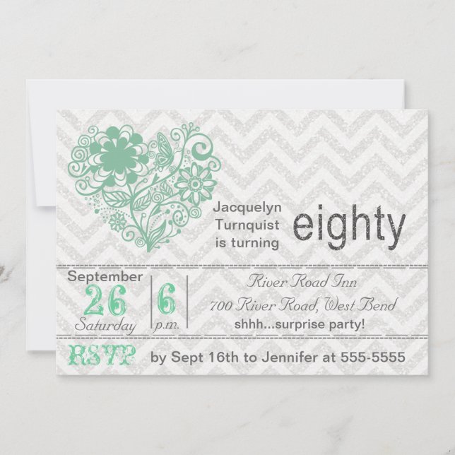 Silver Glitter Chevron Stripe 80th Birthday Invite (Front)