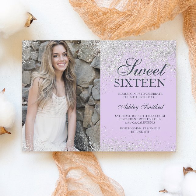 Silver glitter chic lavender photo Sweet 16 Invitation (Creator Uploaded)