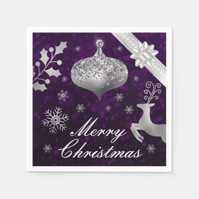 Silver Glitter Christmas bauble and Ribbon Napkin (Front)