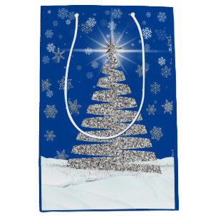 Silver Glitter Christmas Tree On Blue Medium Gift Bag