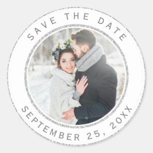 Silver Glitter Circle Wedding Photo Save the Date Classic Round Sticker