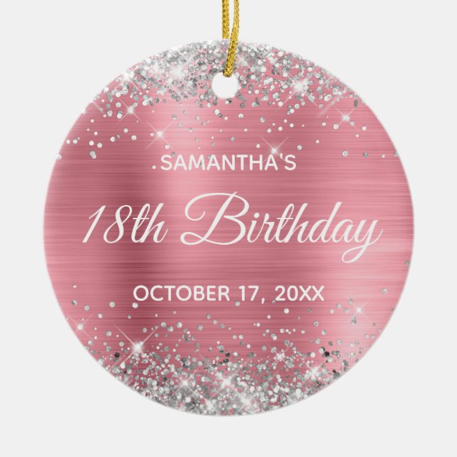 Silver Glitter Classic Pink Foil 18th Birthday Ceramic Tree Decoration (Front)