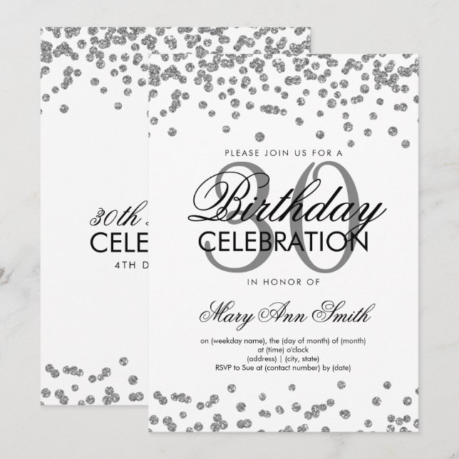 Silver Glitter Confetti 30th Birthday White Invitation (Front/Back)