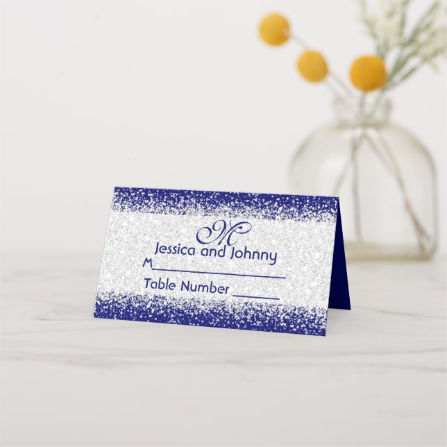 Silver Glitter Confetti and Royal Blue Place Card (Front)