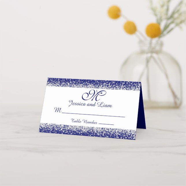 Silver Glitter Confetti and Royal Blue Place Card (Front)