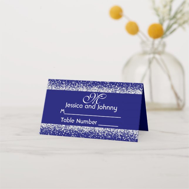 Silver Glitter Confetti and Royal Blue Place Card (Front)