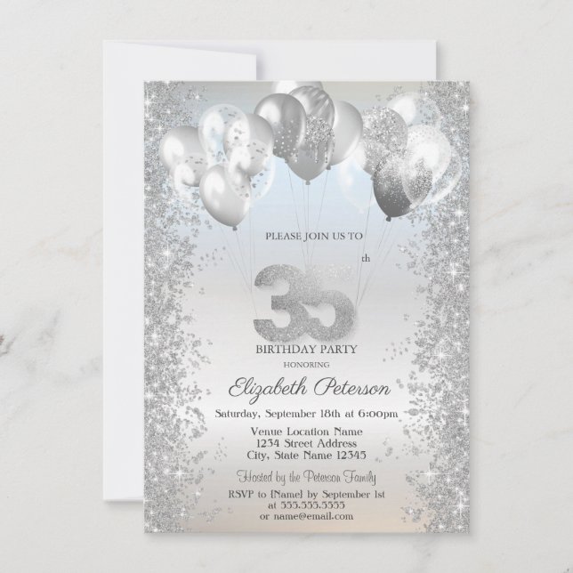 Silver Glitter Confetti Balloons 35th Birthday Invitation (Front)