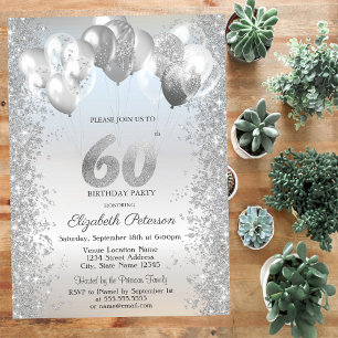 Silver Glitter Confetti Balloons 60th Birthday Invitation