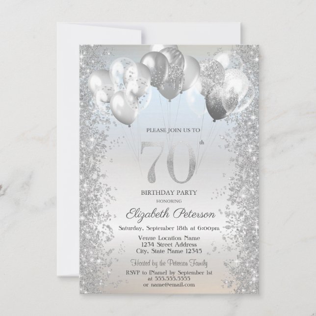 Silver Glitter Confetti Balloons 70th Birthday Invitation (Front)