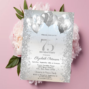 Silver Glitter Confetti Balloons 75th Birthday Invitation