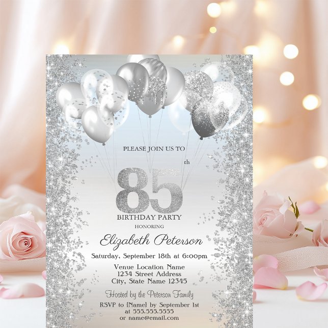 Silver Glitter Confetti Balloons 85th Birthday Invitation (Creator Uploaded)