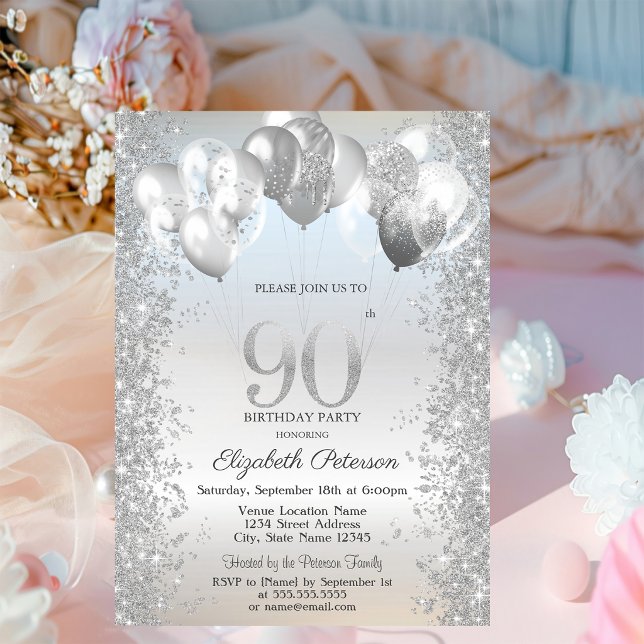 Silver Glitter Confetti Balloons 90th Birthday Invitation (Creator Uploaded)