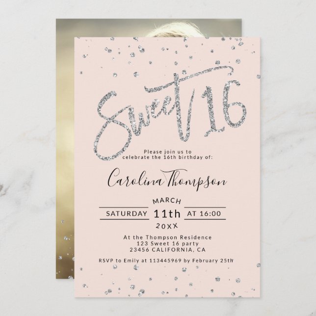 Silver glitter confetti blush Sweet 16 photo Invitation (Front/Back)