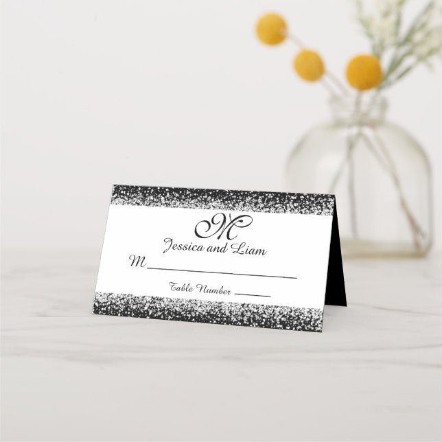 Silver Glitter Confetti on Black Place Card (Front)
