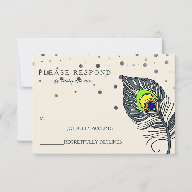 Silver Glitter Confetti Peacock Feather Blue RSVP Card (Front)