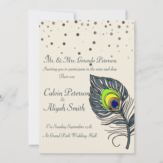 Silver Glitter Confetti Peacock Feathers Wedding Invitation (Front)