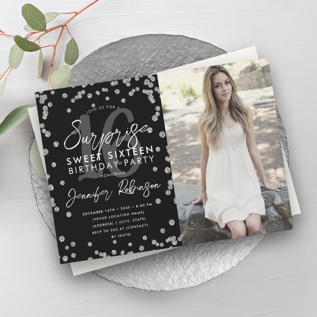 Silver Glitter Confetti Photo Surprise Sweet 16  Invitation (Silver Glitter Confetti Photo Surprise Sweet 16 Invitation)