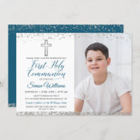 Silver Glitter Cross Script First Communion Photo