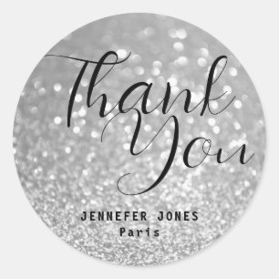 Silver Glitter Crystal Bokeh Thank You Shipping Classic Round Sticker