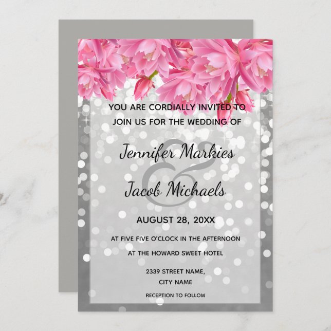 Silver glitter crystals pink floral wedding invitation (Front/Back)