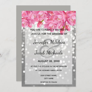 Silver glitter crystals pink floral wedding invitation