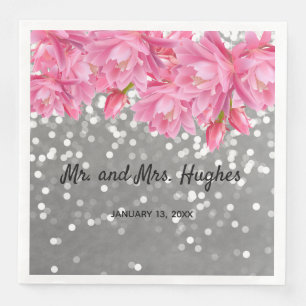 Silver glitter crystals pink floral wedding theme napkin