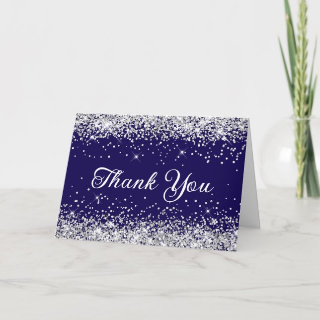 Silver Glitter Dark Blue Thank You Card (Front)
