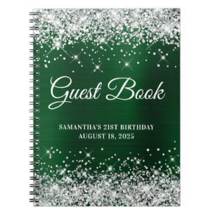 Silver Glitter Dark Green 21st Birthday Guestbook Notebook