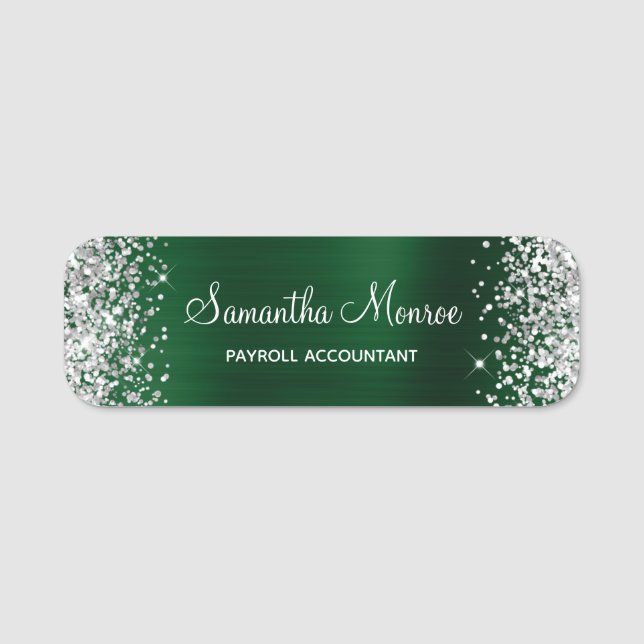 Silver Glitter Dark Green Foil Name Title Tag (Front)