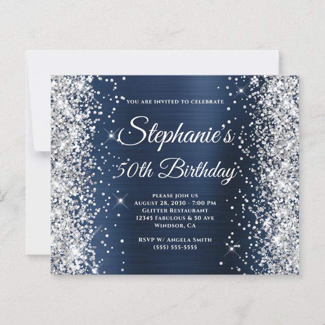 Silver Glitter Dark Navy Blue Foil 50th Birthday (Front)