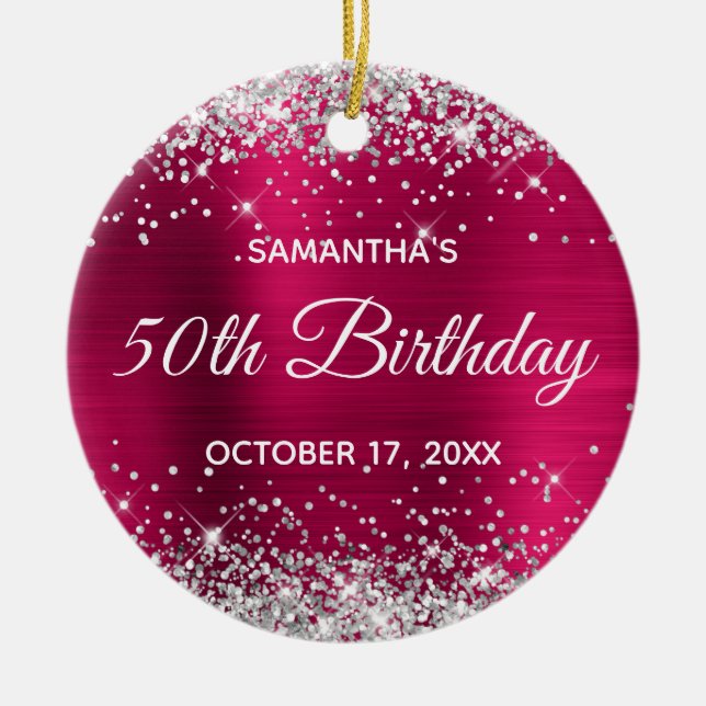 Silver Glitter Dark Pink Foil 50th Birthday Ceramic Tree Decoration (Front)