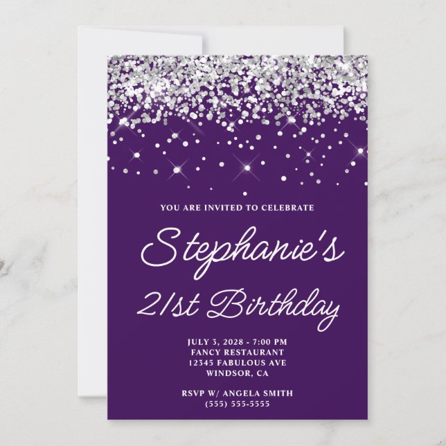 Silver Glitter Dark Purple 21st Birthday Invitation (Front)