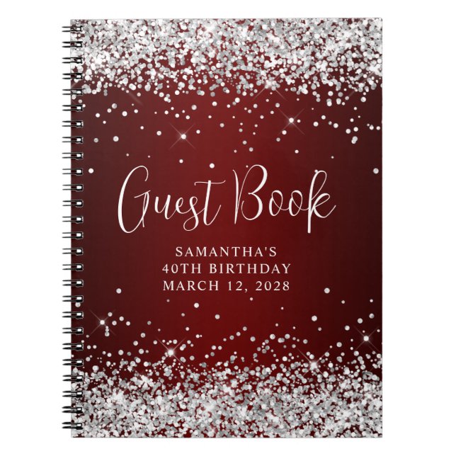 Silver Glitter Dark Red Ombre 40th Birthday Guest Notebook (Front)
