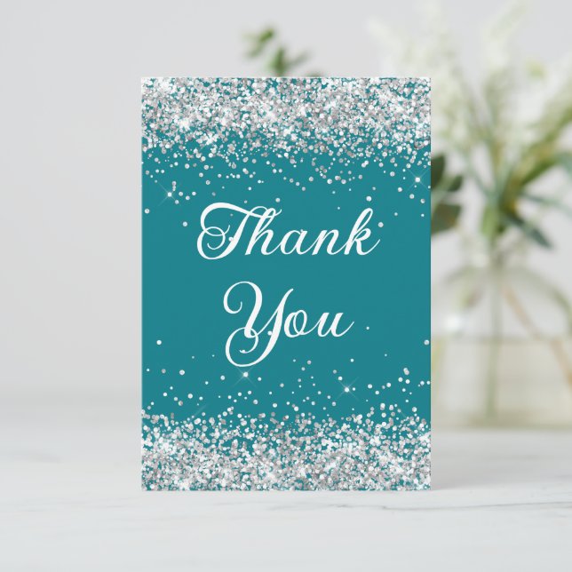 Silver Glitter Dark Turquoise 40th Birthday Thank You Card (Standing Front)
