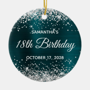 Silver Glitter Dark Turquoise Foil 18th Birthday Ceramic Tree Decoration