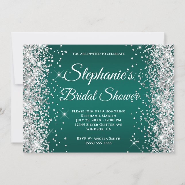 Silver Glitter Dark Turquoise Ombre Fancy Monogram Invitation (Front)