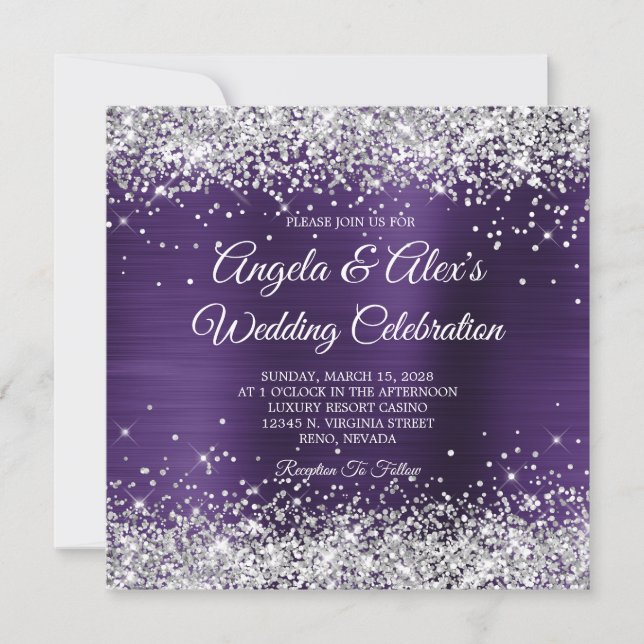 Silver Glitter Dark Violet Foil Elegant Wedding Invitation (Front)