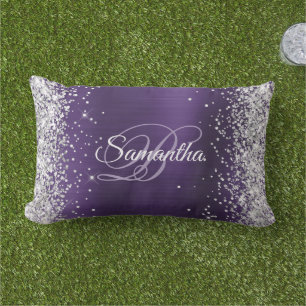 Silver Glitter Dark Violet Foil Fancy Monogram Lumbar Cushion