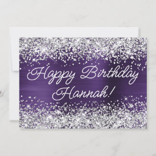 Silver Glitter Dark Violet Foil Happy Birthday Card