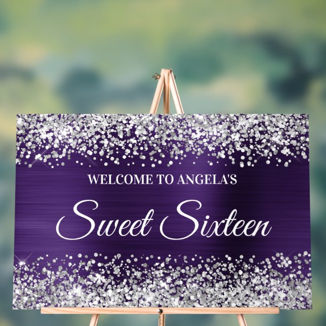 Silver Glitter Dark Violet Foil Sweet Sixteen Acrylic Sign (Neutral)
