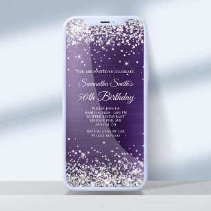 Silver Glitter Dark Violet Purple 50th Birthday Invitation