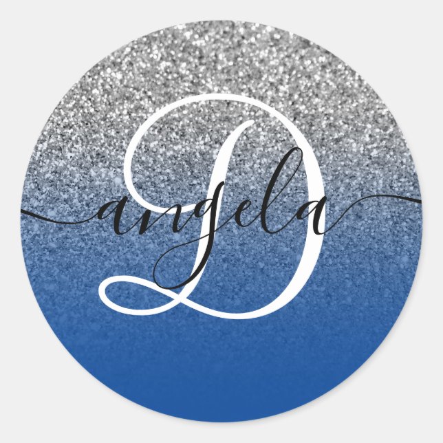 Silver Glitter Deep Blue Ombre Monogrammed Classic Round Sticker (Front)