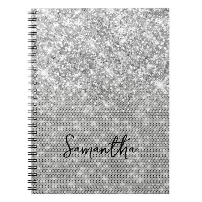 Silver Glitter Diamond Glam Script Name Notebook (Front)