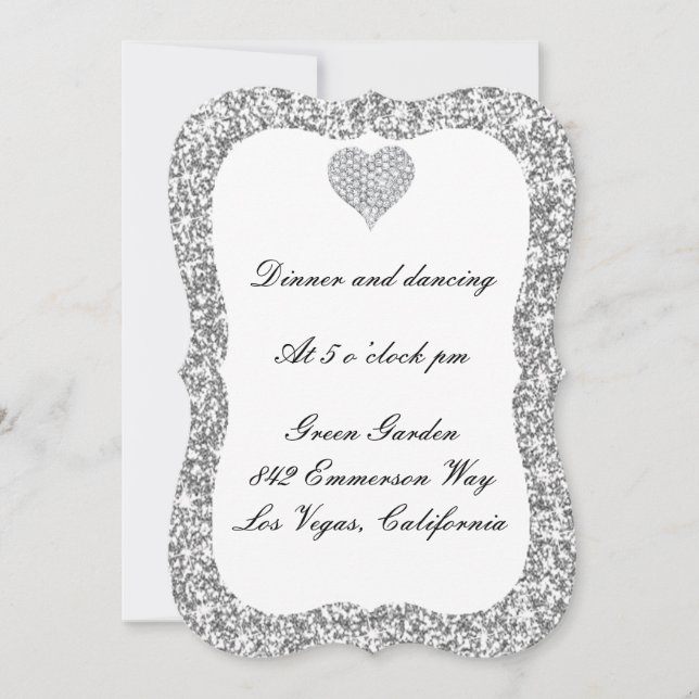 Silver Glitter Diamond Heart Reception Card (Front)