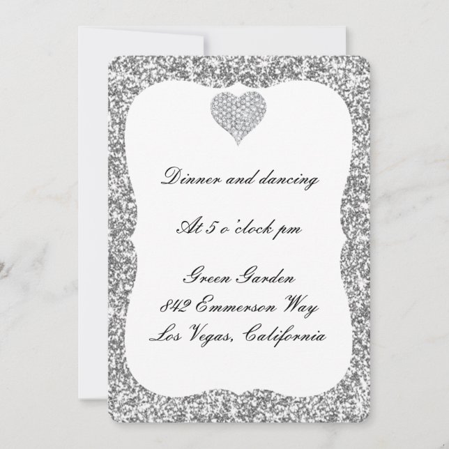 Silver Glitter Diamond Heart Reception Card (Front)
